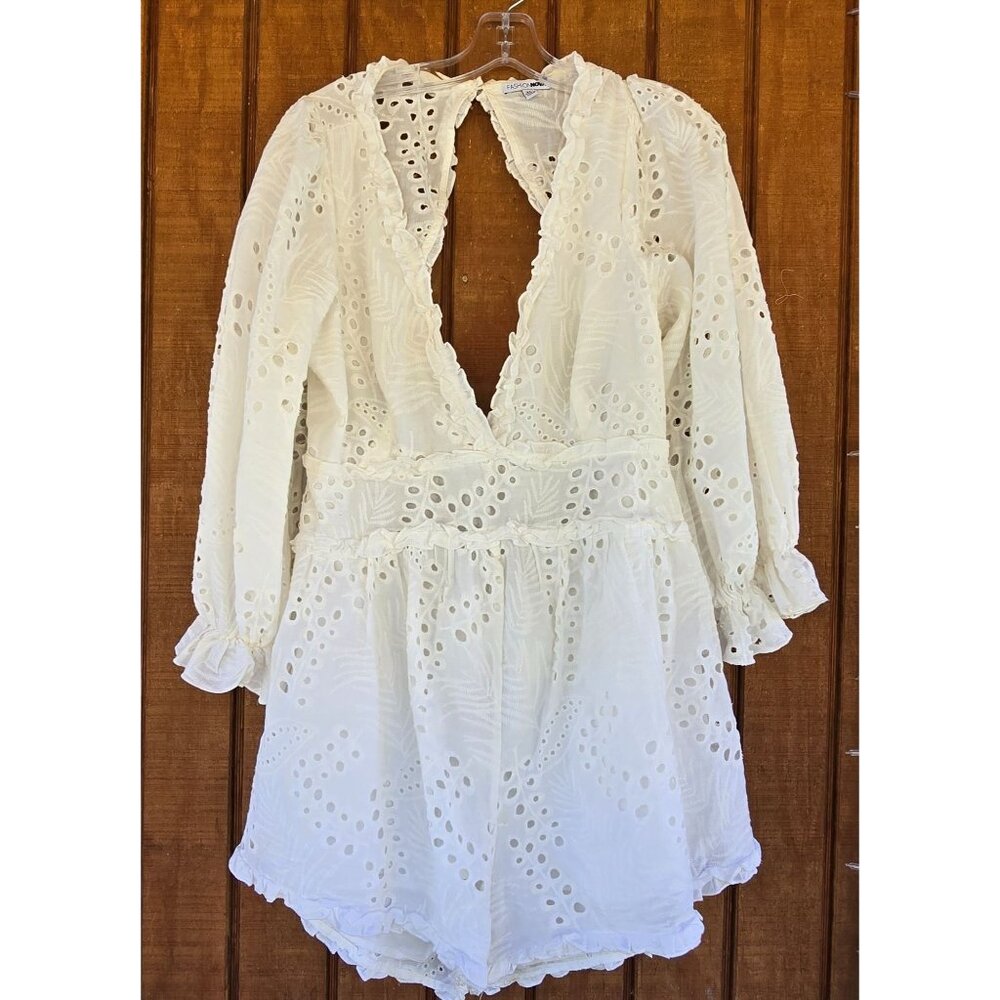 White Eyelet‎ Long Sleeve Romper S XL Plunge Neckline & Open Back 100% Cotton